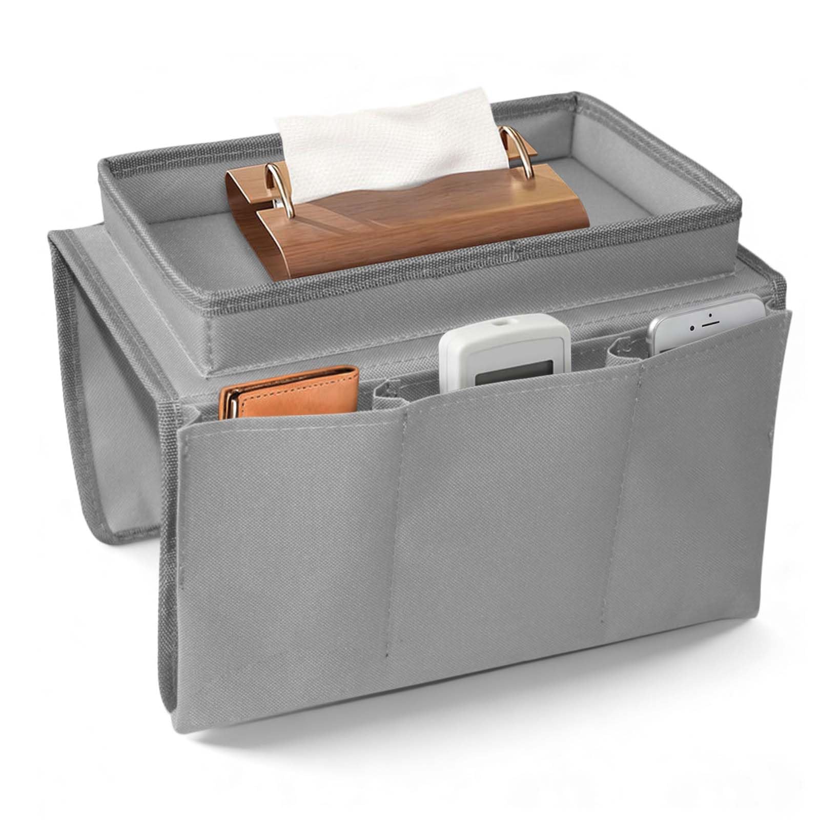 CLKUEH Sofa Arm Chair Tray Organisers, Waterproof Armchair Table Tray Caddy with 6 Bags for Drinks Mobile Phones Magazines Books Snacks Glasses, Grey
