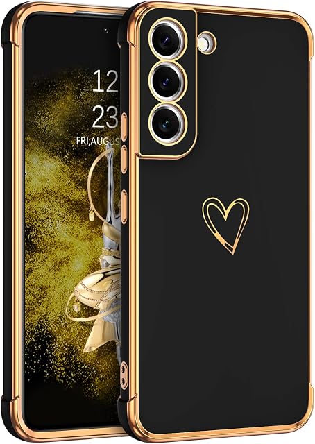DOMAVER Samsung S22 Case, Galaxy S22 Phone Case Heart Pattern Cute Soft TPU Plating Cover for Women Girls with Camera Protection Shockproof Protection Cover for Samsung Galaxy S22 6.1" Black