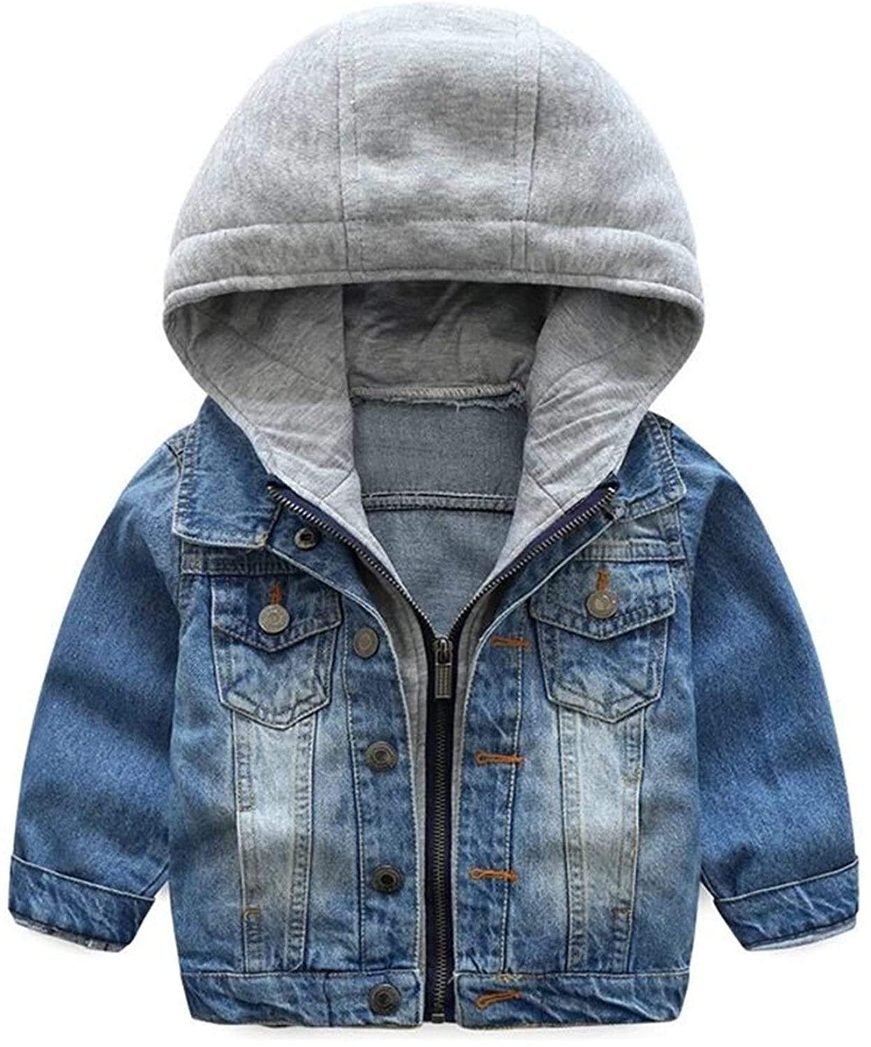 Little Boys Girls Cardigan Denim Jackets Hooded Lapel Zipper Pocket Baby Denim Coat Outerwear