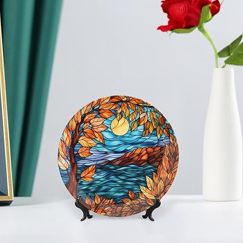 Miniatura 10 de Platos decorativos de noche de arce de otoño con diseño de vidrieras, platos de cerámica para decoración del hogar, platos de cena de temporada de