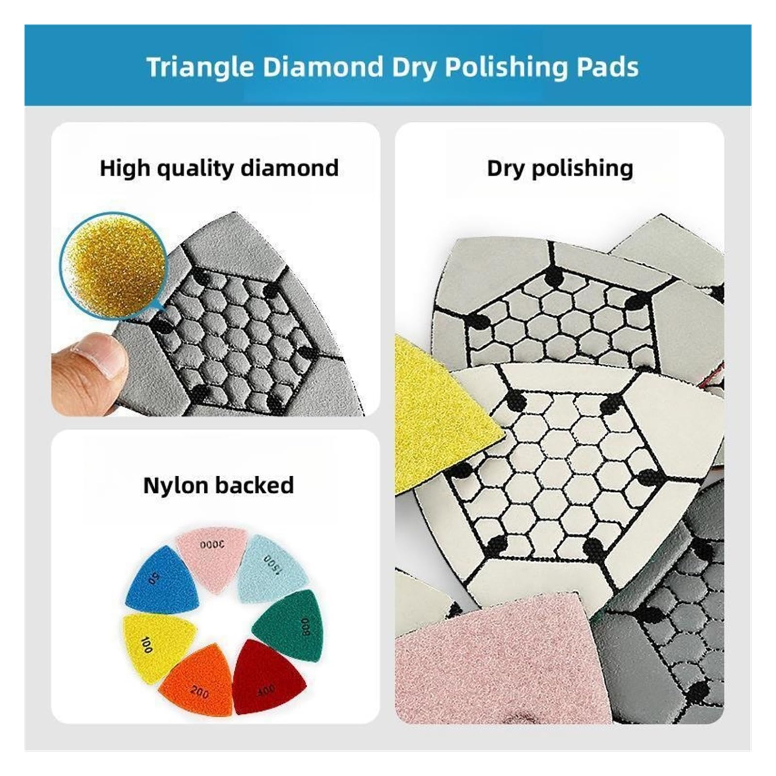 7 Stück 90 mm Dreieck-Diamant-Trockenpolierpads for Marmor, Granit, Beton und Terrazzo, oszillierendes Multifunktionswerkzeug, Schleifpapier