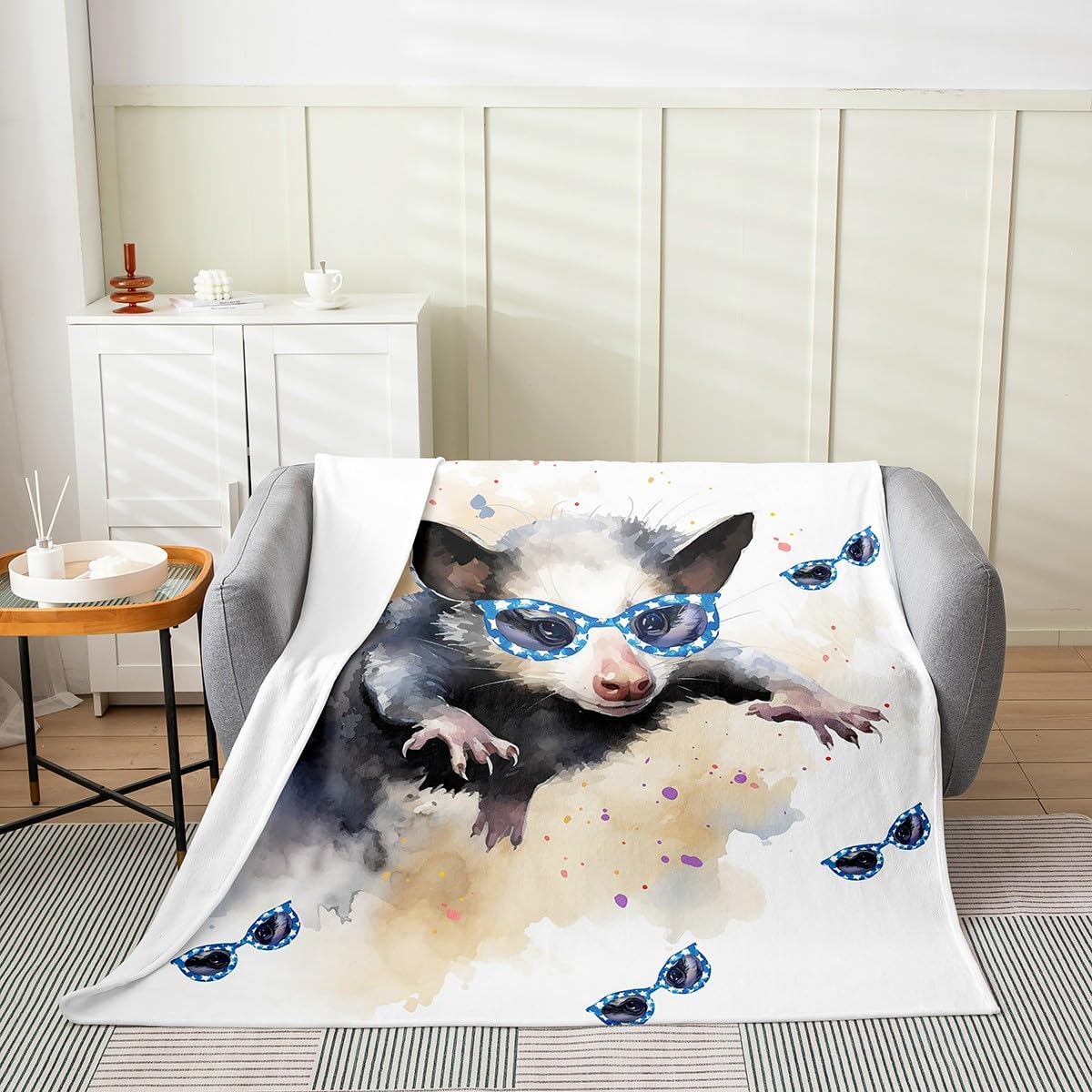Opossum Flannel Fleece Throw Blanket for Kids Boys Girls Cute Possum Fuzzy Plush Blanket Twin 60"x80" Possums Gifts All Season Bed Blanket Bedroom Possum Stuffed Animal Floral Decor Flannel Blanket