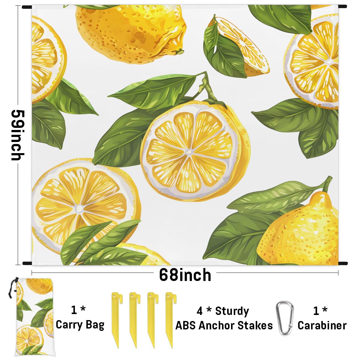 Eabrults Waterproof Sandproof Beach Blanket, 59''×68'' Lemon Polyester Outdoor Picnic Blanket with 4 Stakes & Storage Bag for Beach,Camping,Vacation White Background