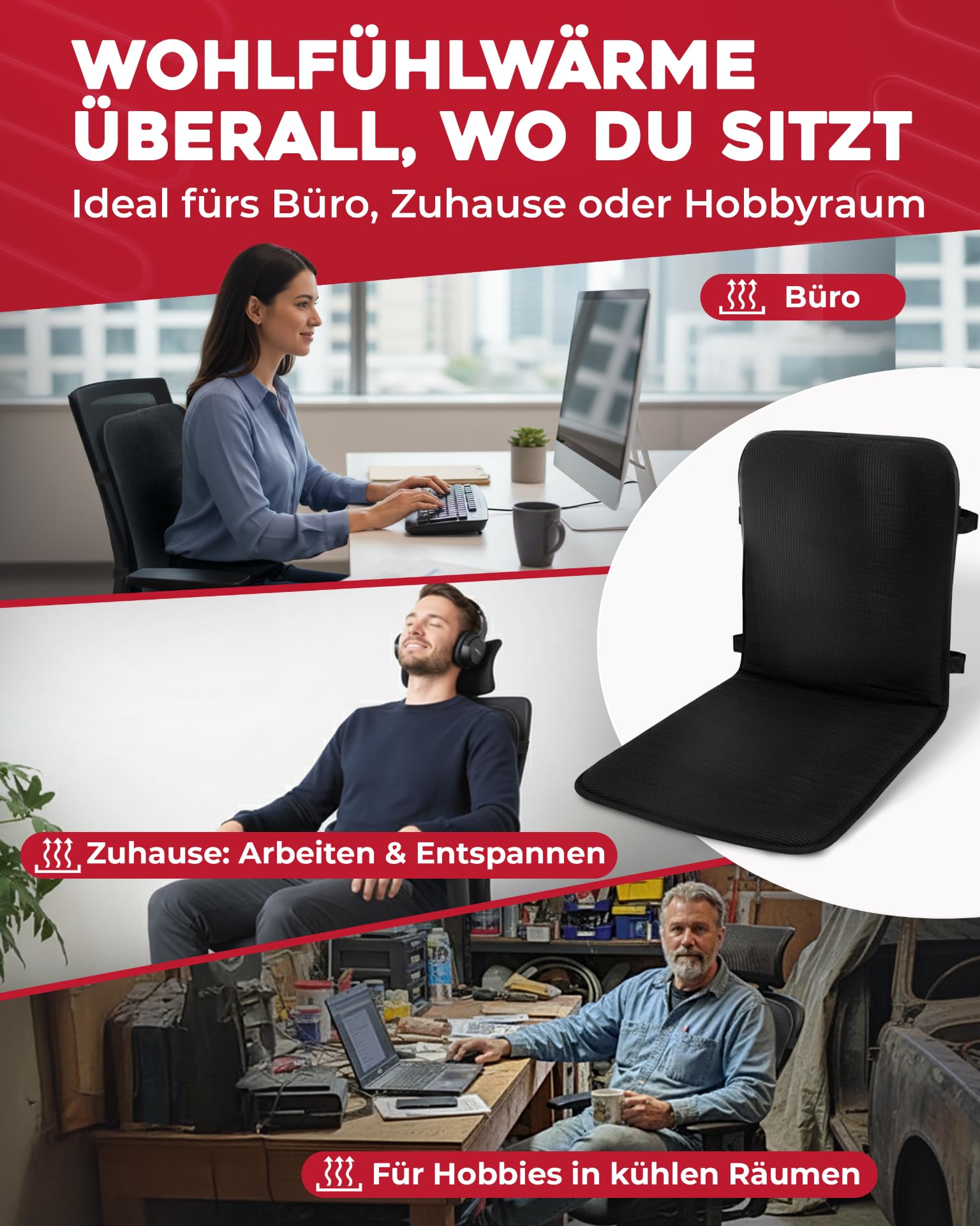 Delindo Lifestyle Sedia da ufficio riscaldabile, 43 x 94 cm, cuscino per seduta e schienale con 3 livelli di temperatura, 2 zone di riscaldamento, colore nero