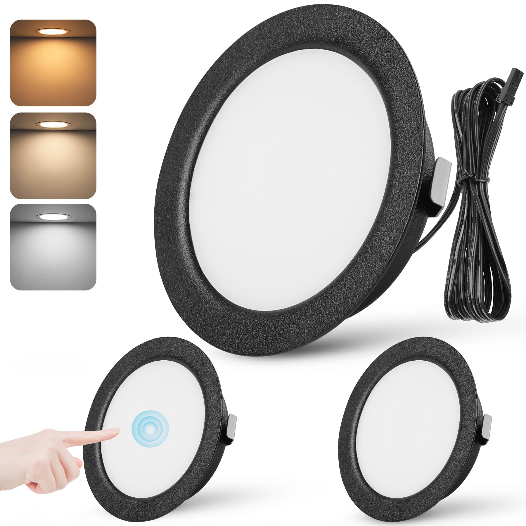 URing 3er Set LED Einbaustrahler 12V Dimmbar 55-58mm 3W Ultra Flach LED Spots 12V 3000K 4000K 6000K Deckenspots Einbauleuchten Küche Möbel Einbaustrahler Einbauspots Spot mit 2M Kabel, Schwarz