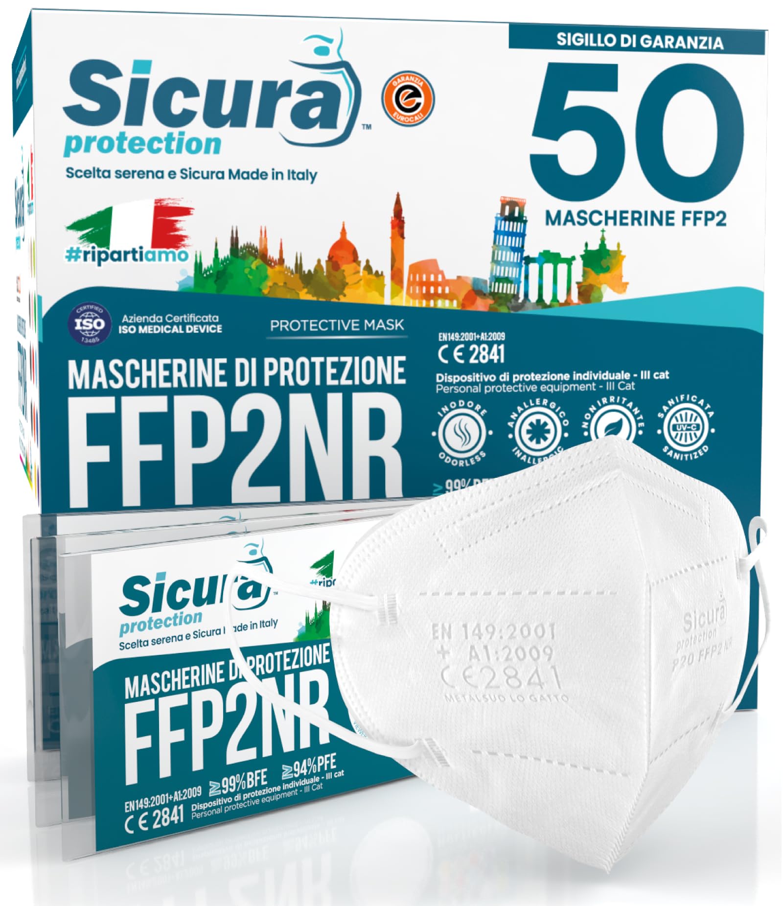 50 Mascherine FFP2 Certificate CE Made in Italy SICURA BFE ≥99% Mascherina Produzione italiana e Sanificata EN 149:2001+A1:2009