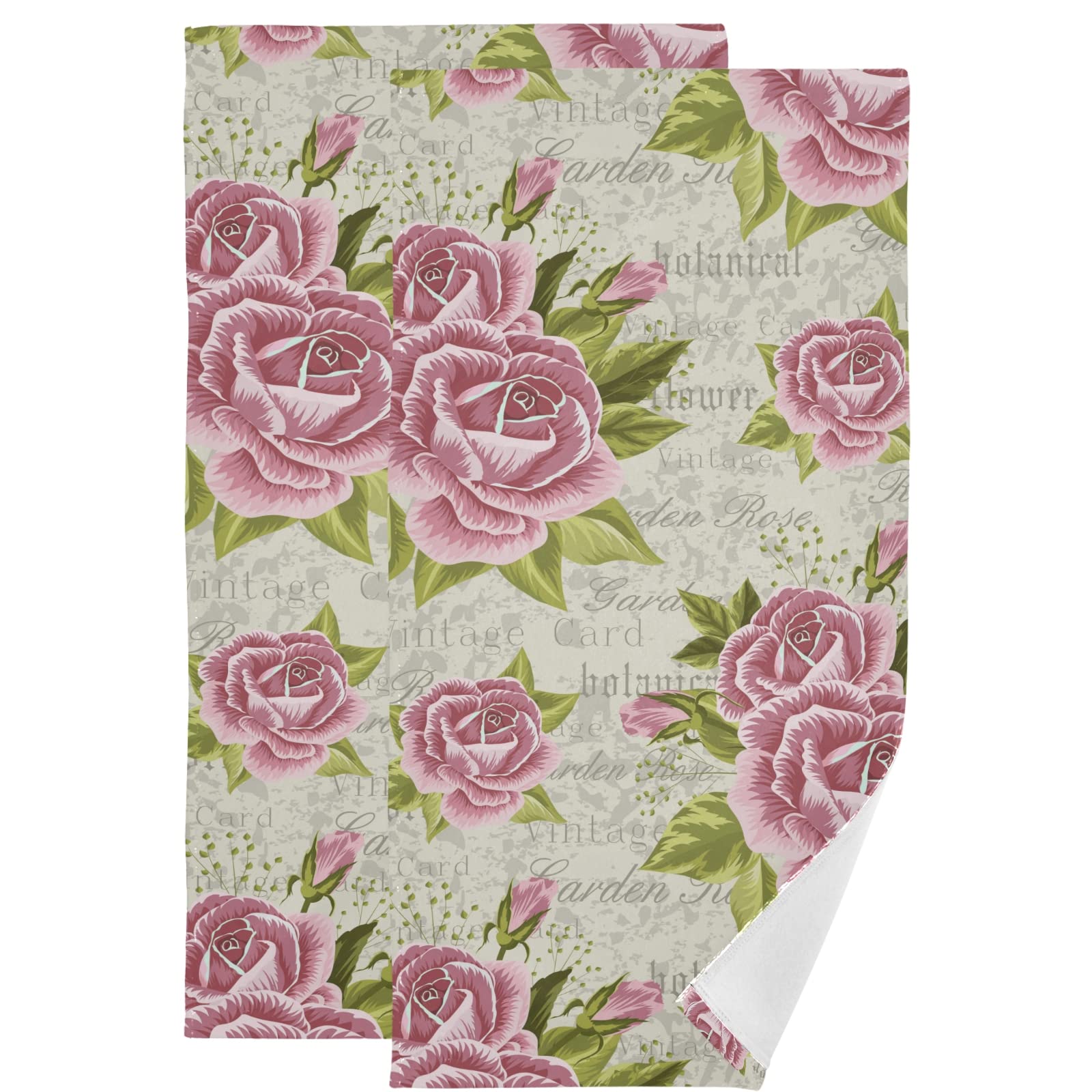 Wamika Vintage Peony Flowers Hand Bath Towel Hanging Towels Set Rose Pink Floral Leaves Kitchen Dish Towel Highly Absorbent 2pcs