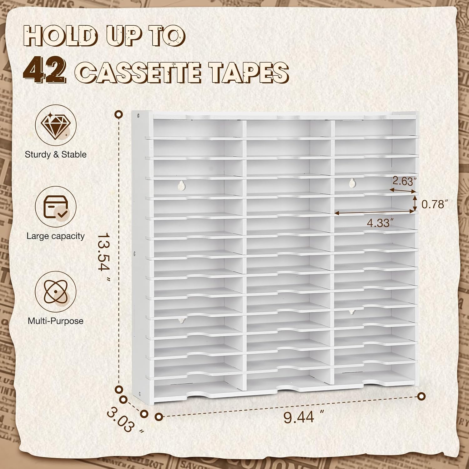 42-Slot Cassette Tape Storage Organizer Rack, Wall Mount Cassette Tape Holder, Audio Cassettes Display Shelf, Ideal Gift for Cassette Collectors