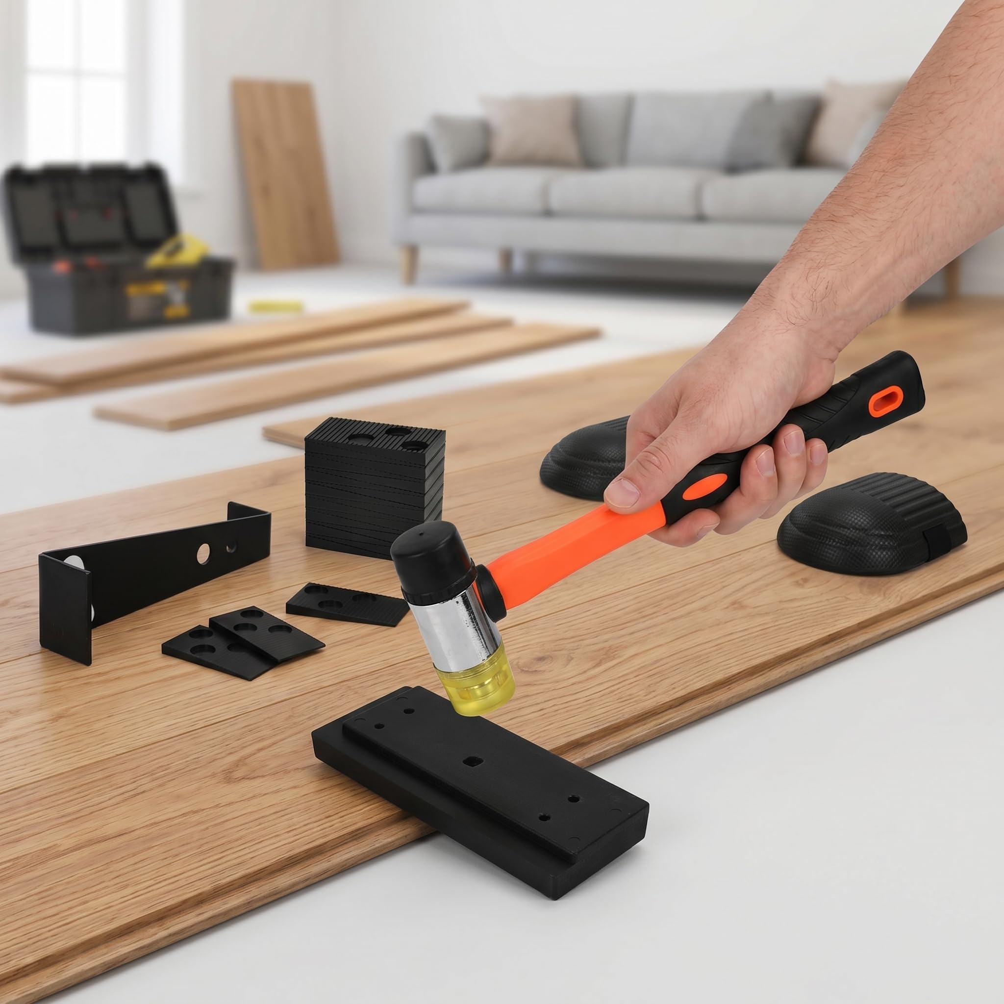 Kit de Instalación de Suelo Laminado, 65 PCS Herramientas para Piso Laminado con Martillo de Goma, Palanca, 60 Cuñas Separadoras, Bloque de Impacto y Rodilleras, Kits Colocación SueloLaminado