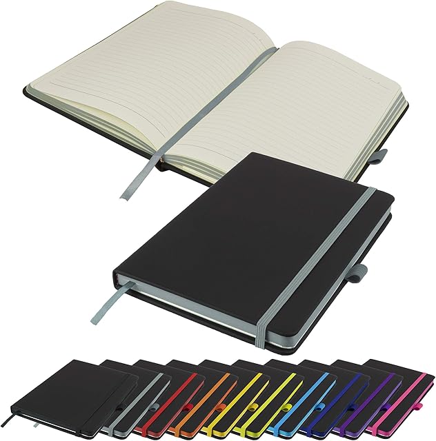 Executive Contrasting Paper Edge A5 Notebook New Lined Hardback Journal with Pen Loop, Elastic, Ribbon, Paper Pocket & 196 Pages Notepad Note Book Notes Diary Pad (Grey)