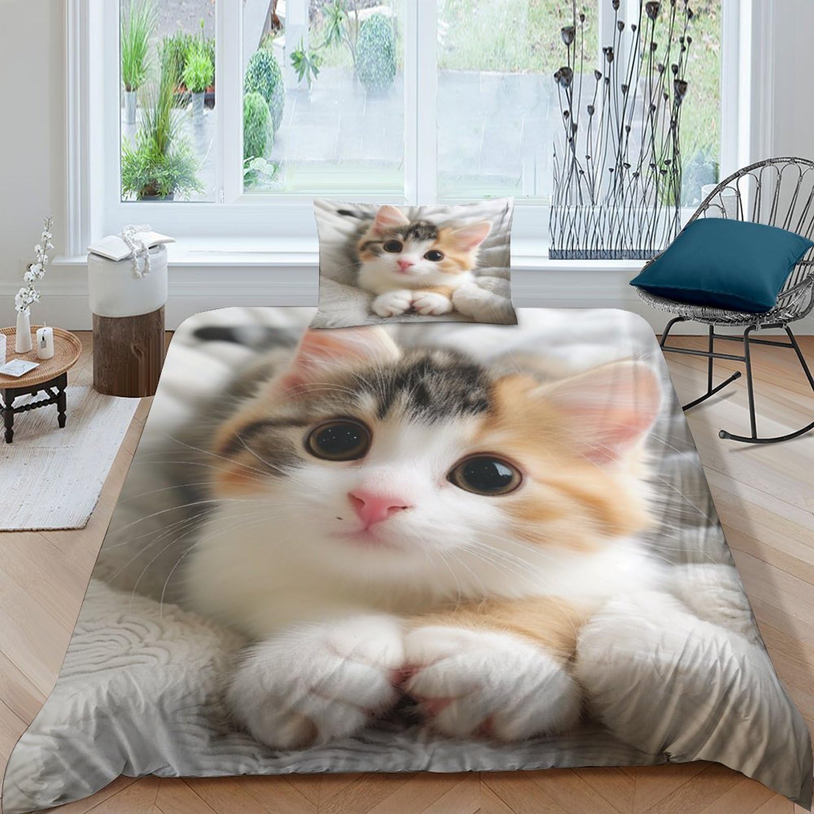 Housse de couette chat 3D pour chambre d'enfant lit simple microfibre respirante