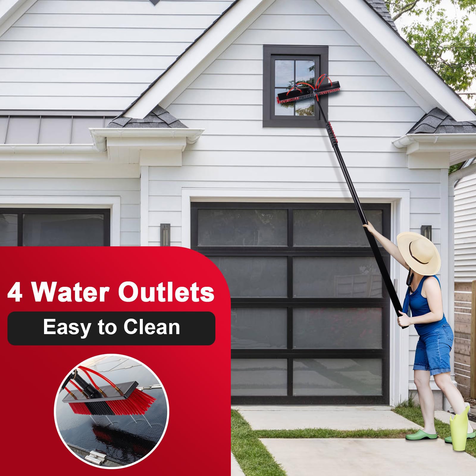 Genérico Cepillo para Ventanas con Panel Solar y Poste, Kit de Poste con alimentación de Agua de 3,6 a 10,8 m, con dispensador de jabón y escobilla de Goma telescópica para Techo (35 cm, 7,