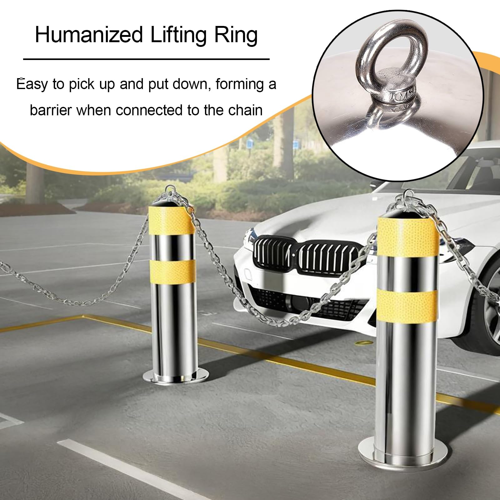 Pollerpfosten Aus Edelstahl 201 Mit Reflektierenden Streifen, Parkplatzabsperrpfosten Mit Aufhängering, Für Parkplätze, Einfahrten, Garagenwege(Silver-1pc,7.6 * 75cm/3 * 29.5in)