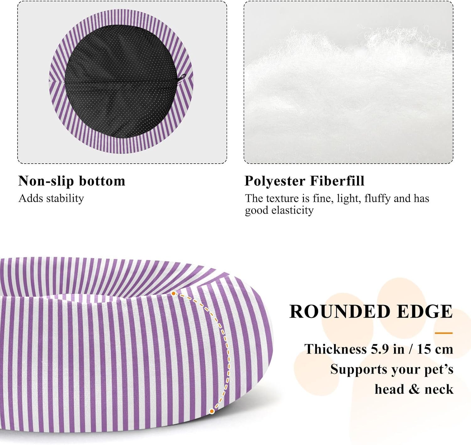 Dog Bed Ultra Soft Fluffy Comfortable Cat Bed, Light Purple White Stripes Washable Dog Beds Anti-Slip Round Pet Beds for Medium Dogs