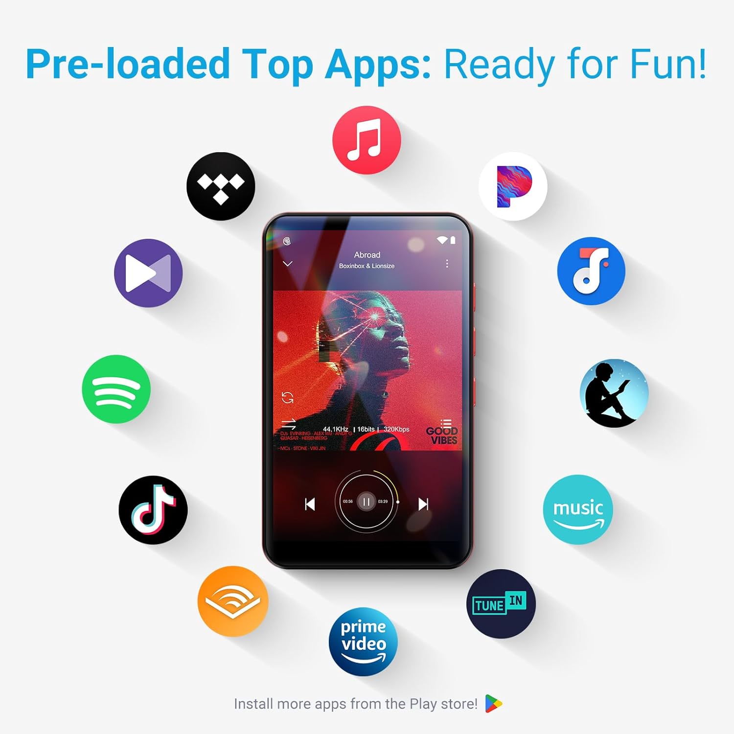 MECHEN X55 MP3 Player screen showing pre-loaded streaming apps like Spotify, Amazon Music, and Pandora.