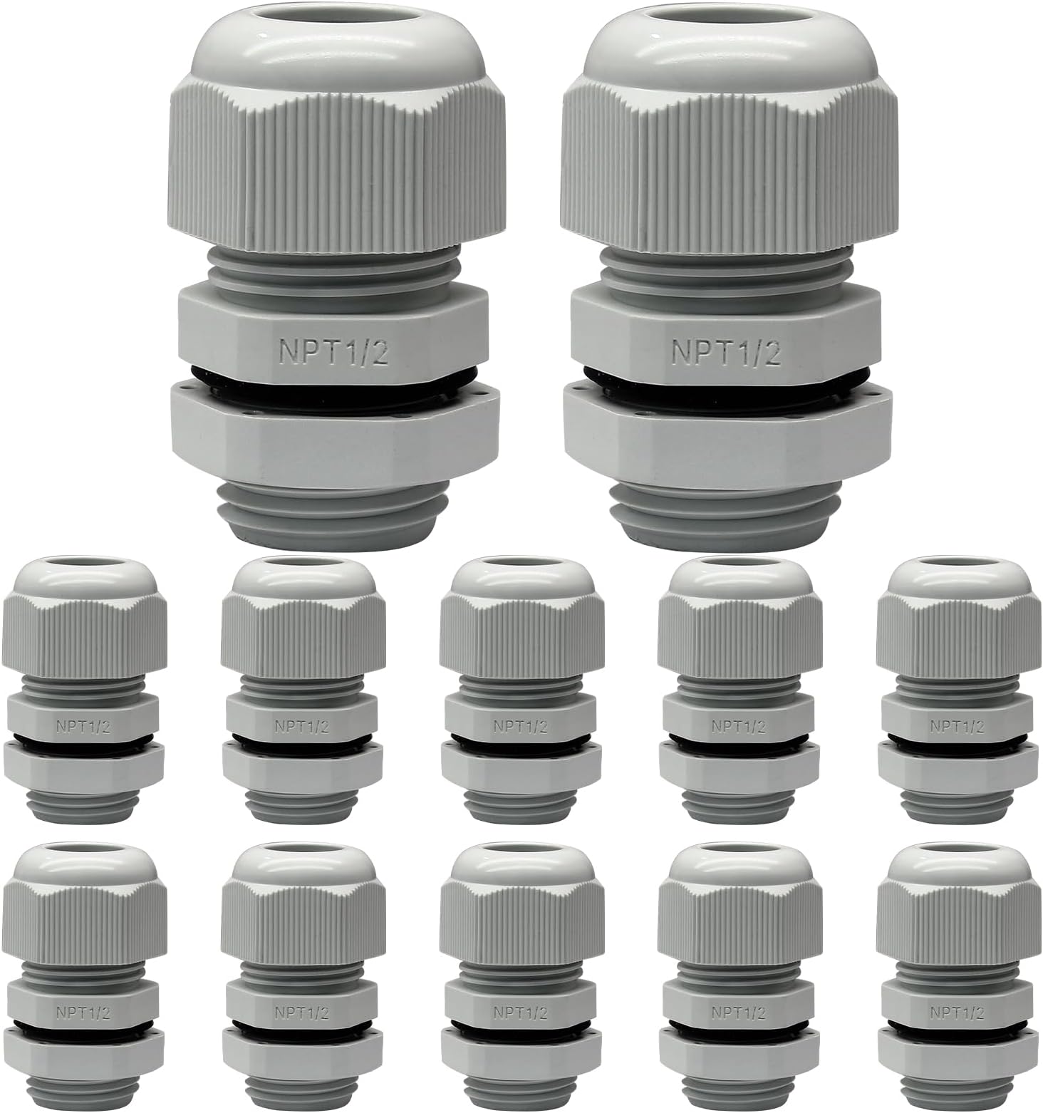 12 Pack 1/2" NPT Cable Glands Waterproof Connectors, Adjustable 6-12mm Cable IP68 Waterproof Nylon Joints with Gaskets, Grey