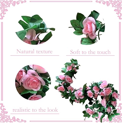 Miniatura 4 de Paquete de 4 guirnaldas de rosas artificiales de vid de rosas falsas, plantas y vides, decoración de hojas florales para decoración de bodas,