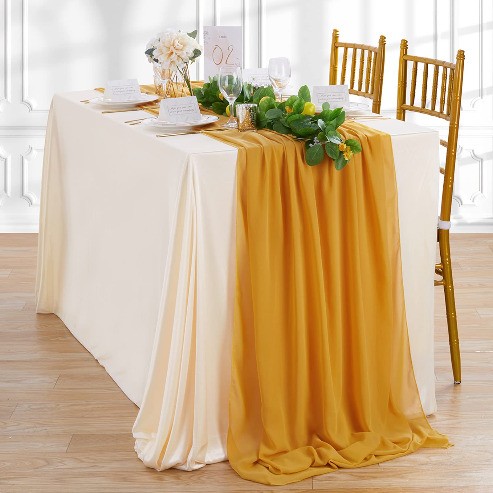 Photo 1 of 10FT Chiffon Table Runner 27x120 Inches Mustard Yellow Wedding Runner Sheer Fabric for Romantic Bridal Shower Decorations