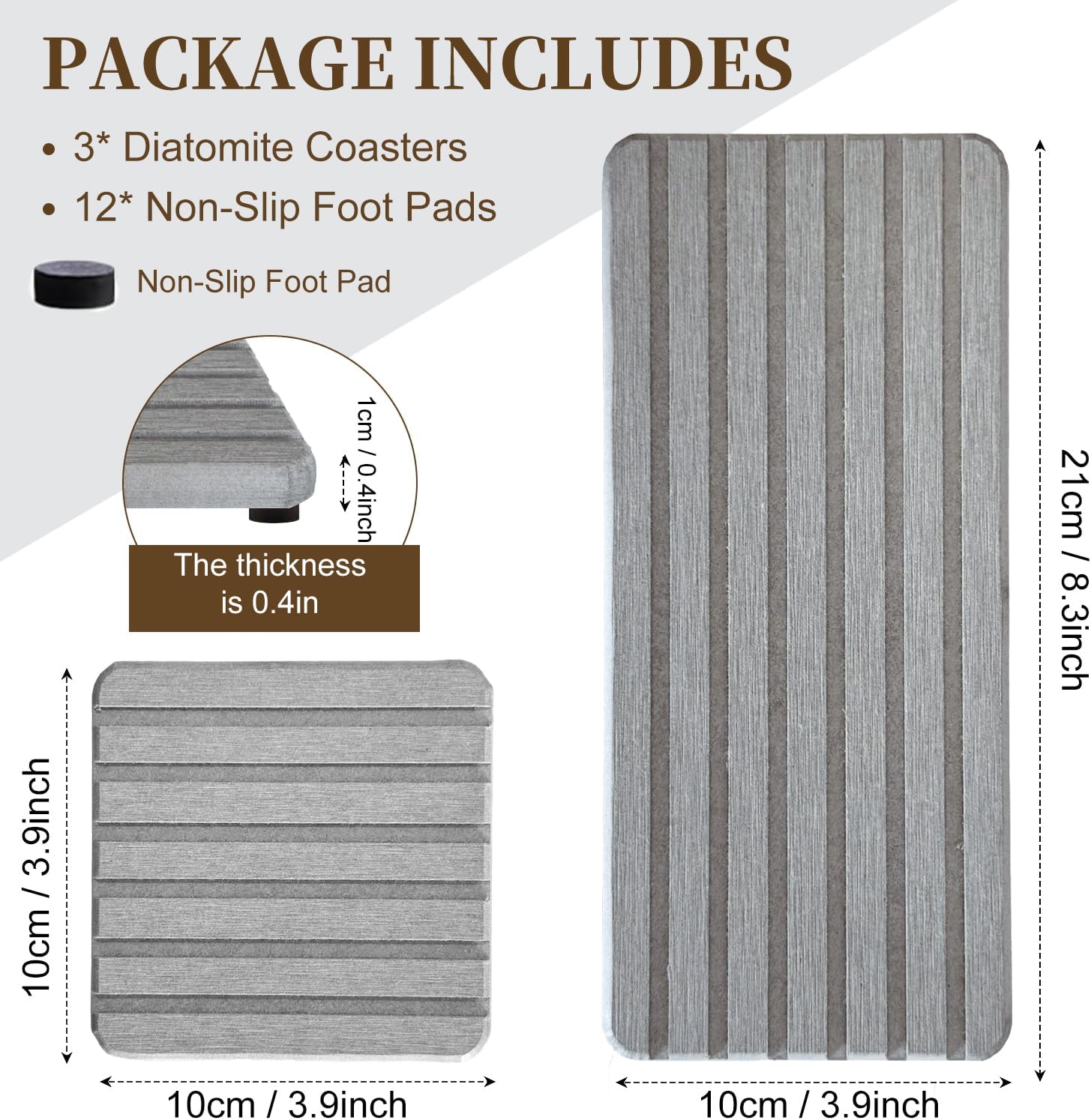 3PCS Diatomite Stone Tray Set, Large Soap Holder & 2 Square Coaster Mats for Bathroom Kitchen Counter, Fast-Absorbing Sink Organizer with Non-Slip Feet, 8.3x4 & 4x4 Inches