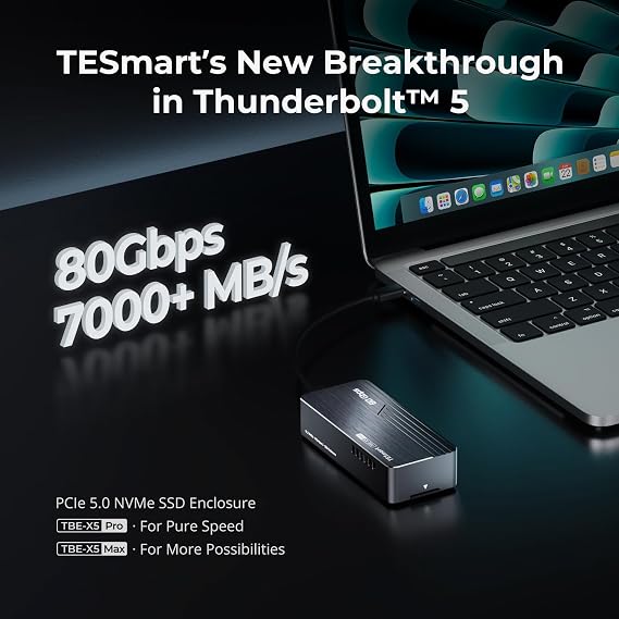 TESmart 80Gbps M.2 NVMe SSD Enclosure with JHL9480 Chip, PCIe 5.0 SSD | Compatible with Thunderbolt 5/4/3/USB4 v2/USB4, Smart Cooling | 8TB Max | High-Speed 7000MB/s External Storage(TBE-X5PRO)