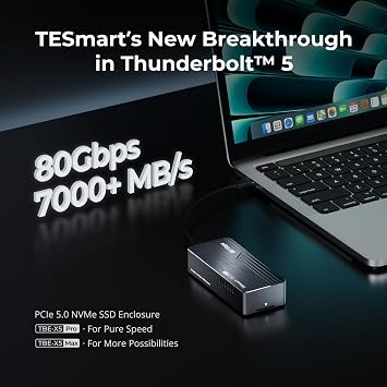 TESmart 80Gbps M.2 NVMe SSD Enclosure with JHL9480 Chip, PCIe 5.0 SSD | Compatible with Thunderbolt 5/4/3/USB4 v2/USB4, Smart Cooling | 8TB Max | High-Speed 7000MB/s External Storage(TBE-X5PRO)
