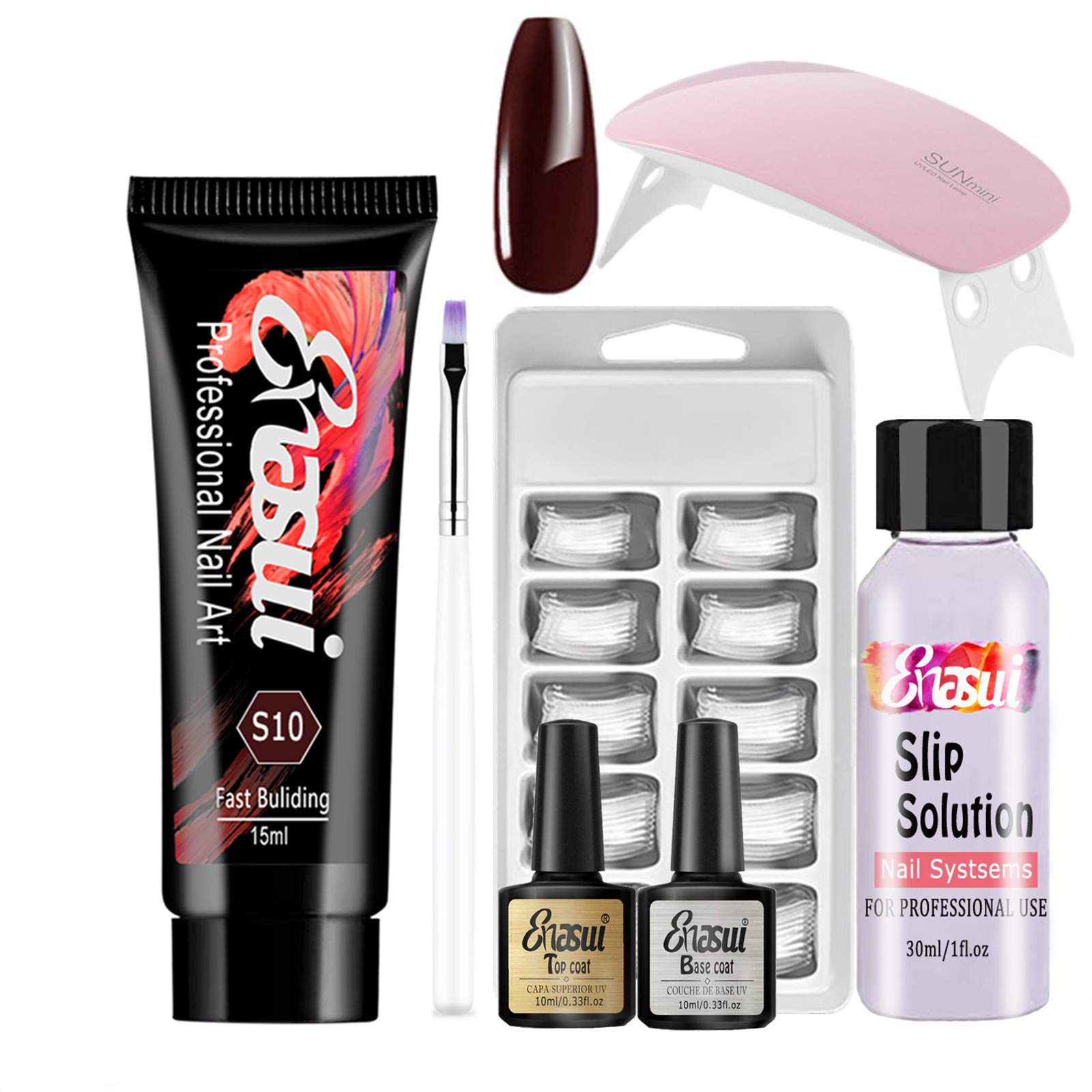 ENASUI Quick Building Nail Gel Kit 15ml Poly Extension Nail Gel Kit for Builder Gel Nail Gel Nail Art Design Nail Extension Gel Nail Salon All on one kit wirh LED Lamp (Wine)