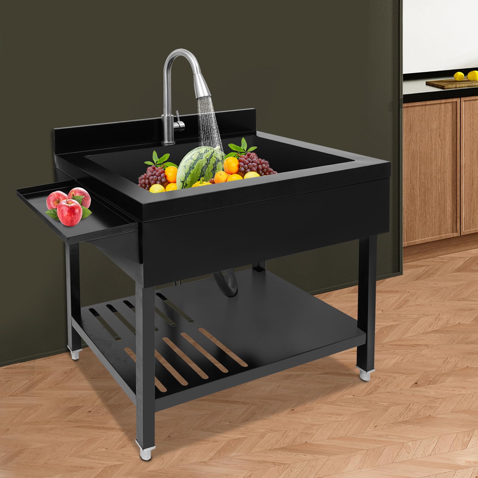 Freistehende Edelstahl Spültisch, Großer Gewerbliche Spülbecken | Küchenspüle mit Wasserhahn & Ablassvorrichtung, bis Tragfähigkeit 150kg, 90 x 57 x 94 cm (Schwarz)