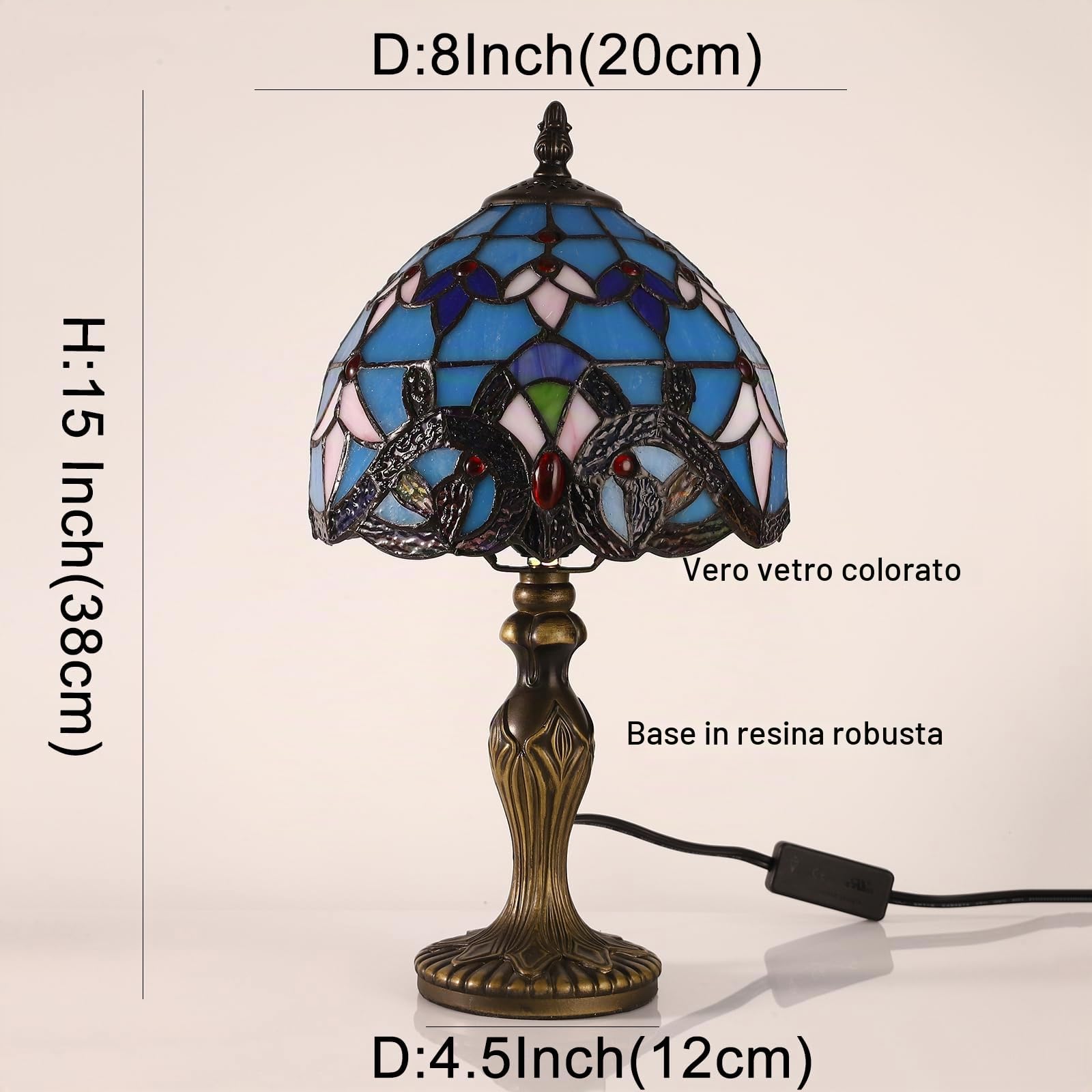 Lampada Tiffany da Tavolo con Paralume in Vetro Colorato per Soggiorno, Camera da Letto, Studio e Tavolino da Caffè
