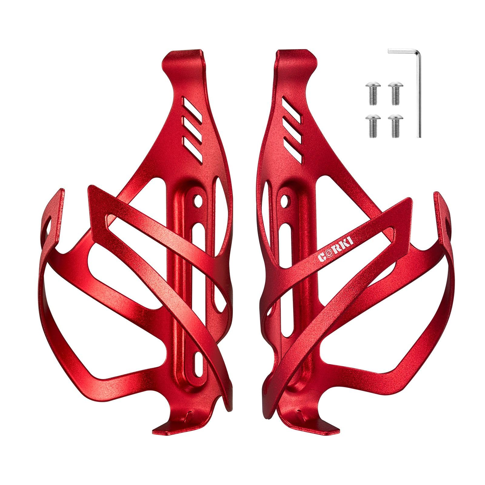 corki cycles bike water bottle holder aluminum alloy, universal bike water bottle cage for road, mountain and gravel bikes - 2 pack - red