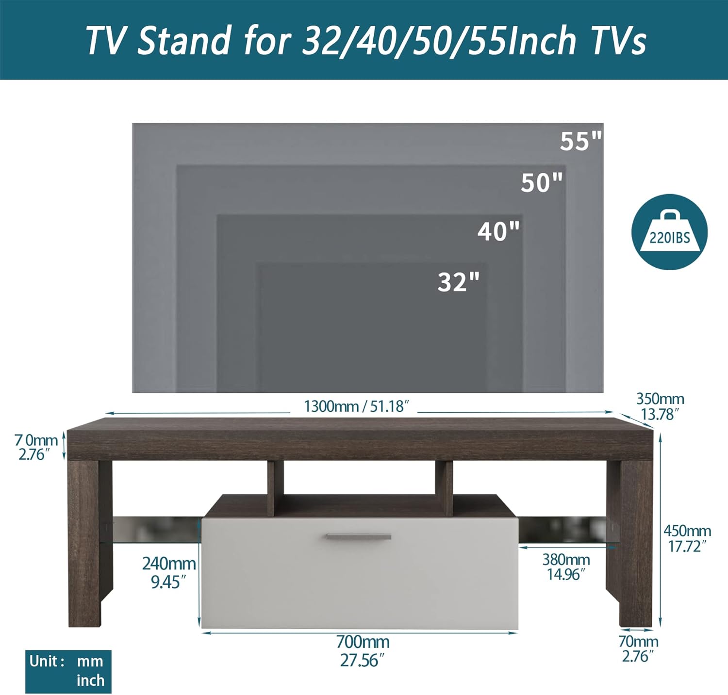 TV Stand with LED Lights for 55 Inch TV, Gaming Entertainment Center with Storage Cabinet, Game Console TV Cabinet Entertainment Stand with Glass Shelves for Living Room, Bedroom, Walnut & White