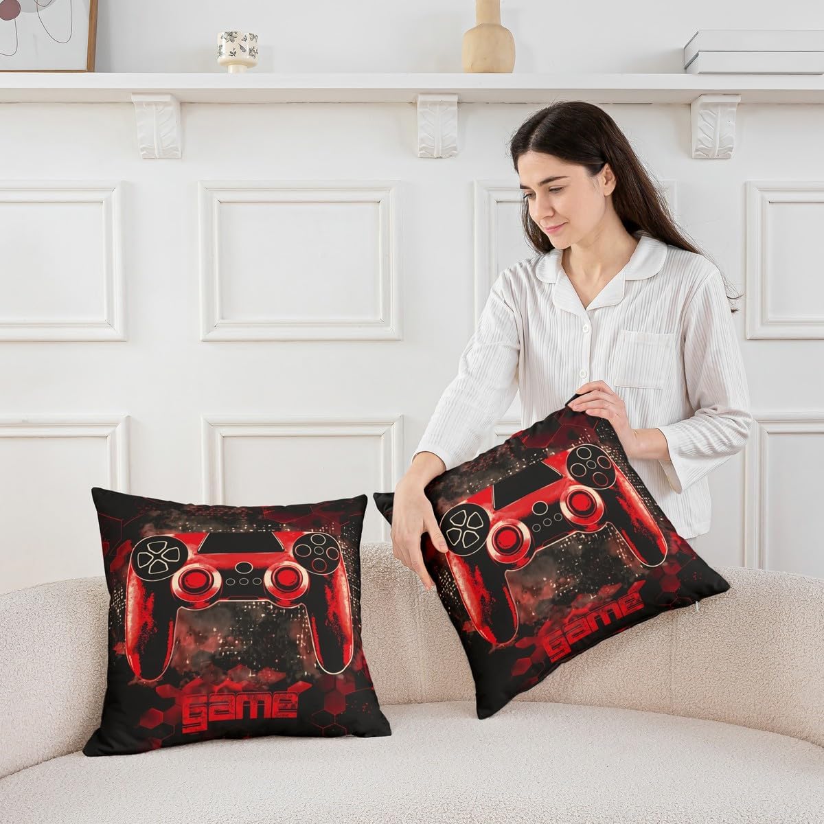 Red Gaming Throw Pillow Cover Video Games Console Double Sides Print Squar Pillow Cover, Modern Gamer Gamepad Cushion Cover for Bed Couch Sofa, Kids Boys Teens Room Decor, Single Pack 16"x16" image 3