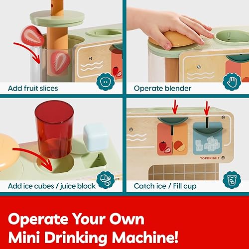 Miniatura 2 de TOP BRIGHT Dispensador de bebidas de madera, juegos de comida para niños con tazas, insertos de jugo, cubitos de hielo, juguetes Montessori para