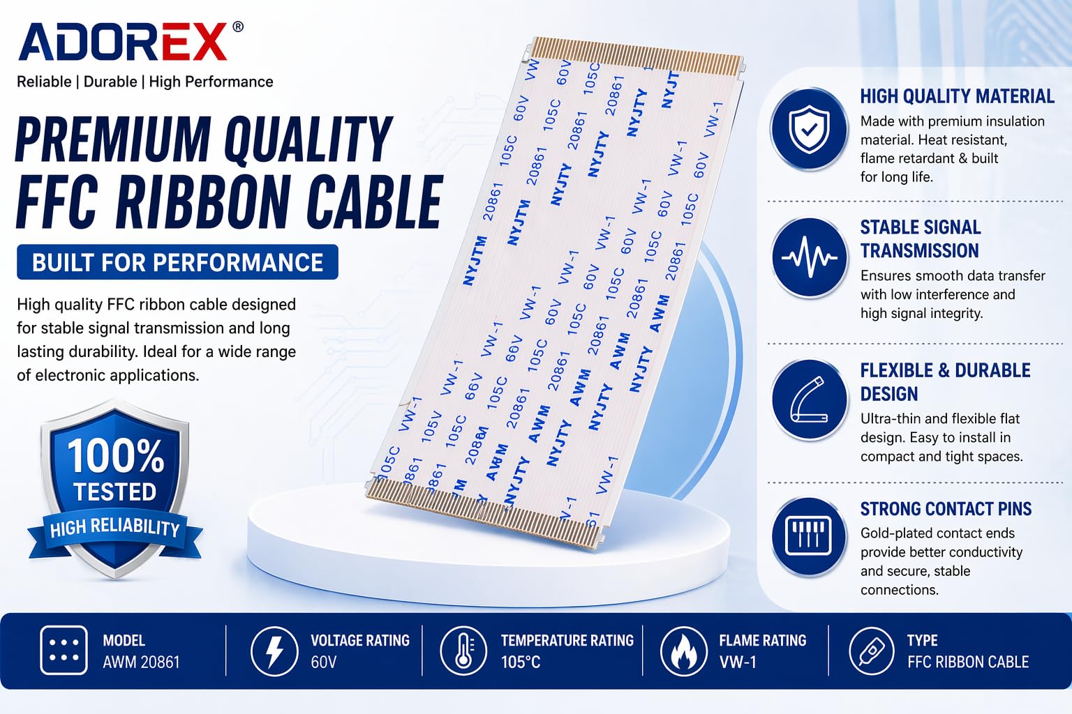 FFC Cable - 60 Strand, 100mm, 2 Pack -5 FFC Cable - 60 Strand, 100mm, 2 Pack -5