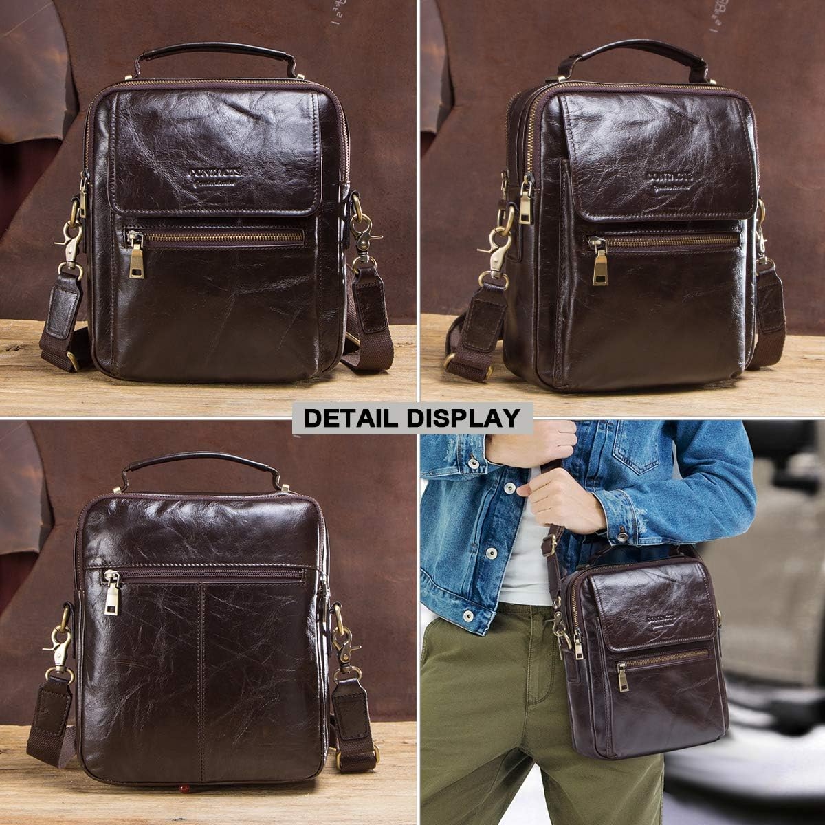 Contacts Leather Messenger Bag for Men, 9.7 inch iPad Vintage Genuine Leather Crossbody Business Shoulder travel Purse Handbag for work