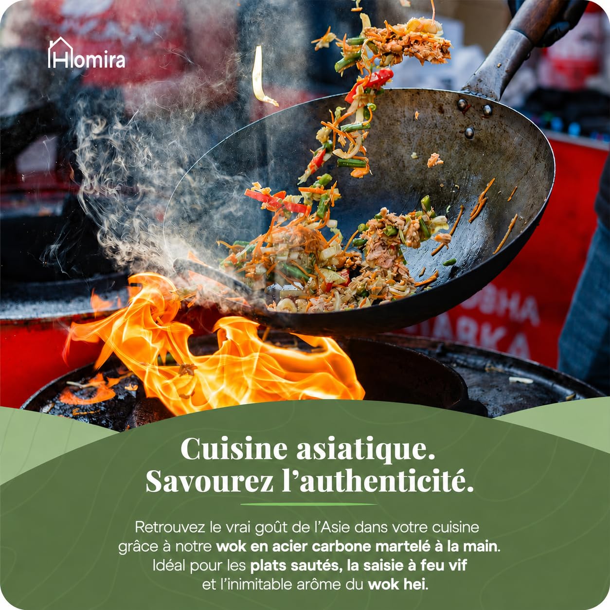 Homira Wok en Acier Carbone de 36 cm, Martelé à la Main, Fond Rond et Manche en Bois – Poêle Wok Traditionnelle sans PFAS pour Gaz, Barbecue, Brûleur à Wok et Cuisine en Extérieur (Fond Rond)