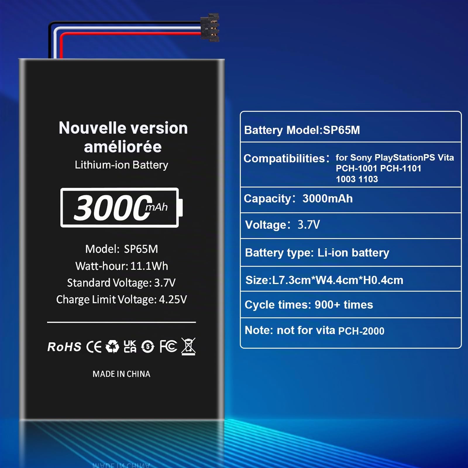 SP65M Batterie haute capacité pour Sony PlayStation Vita (PCH-1000 Series), 3000 mAh, avec kit d'outils pour les modèles : PCH-1001, PCH-1003, PCH-1101, PCH-1103, non compatible avec la série