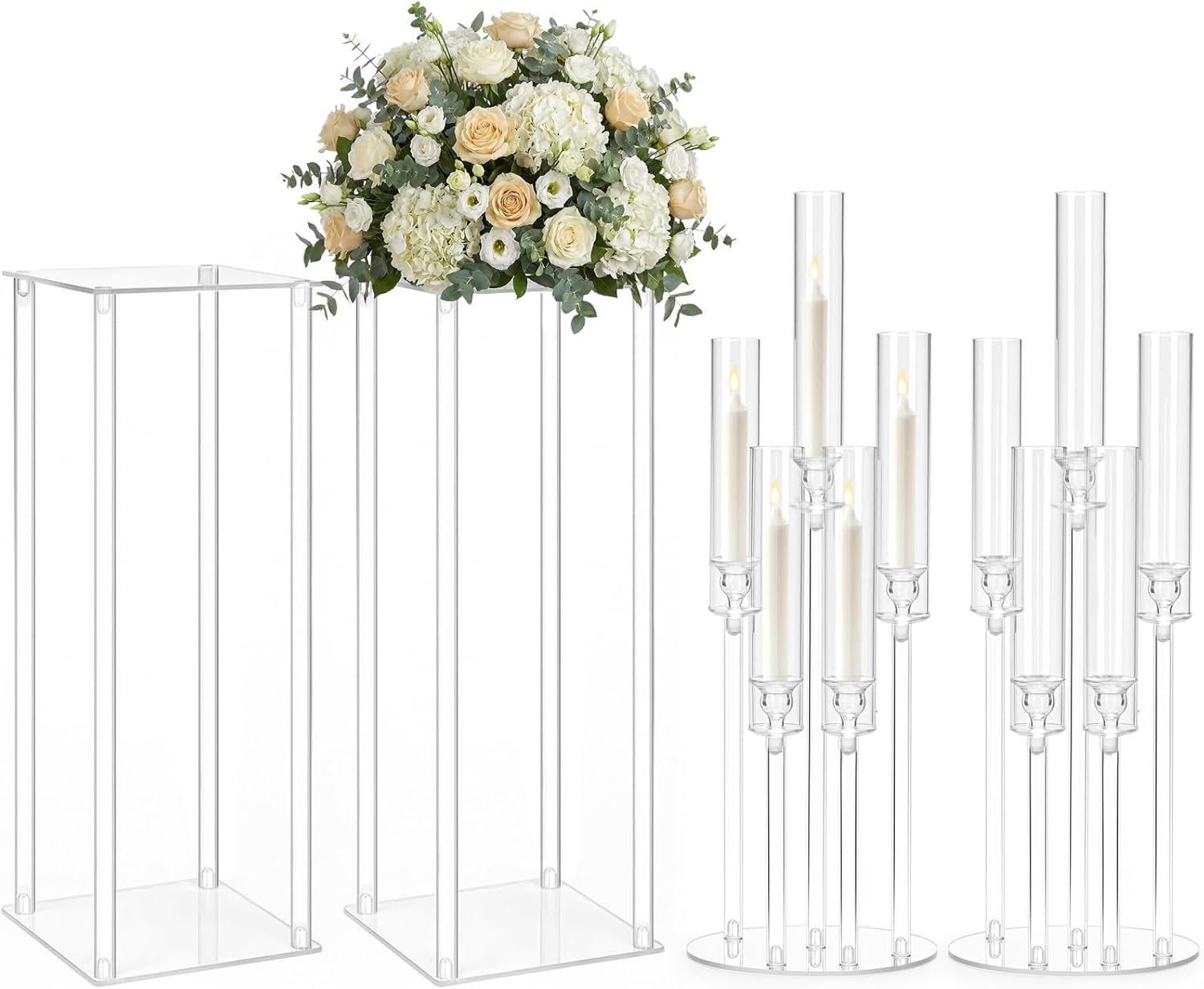 Yerliker 2 Sets Wedding Centerpieces for Table 26" Clear 5 Arms Candlesticks Holder with Detachable Lampshade Fit 0.8" LED Candle and 2 Sets 24'' Tall Acrylic Flower Vase Flowers Stand for Table Decor