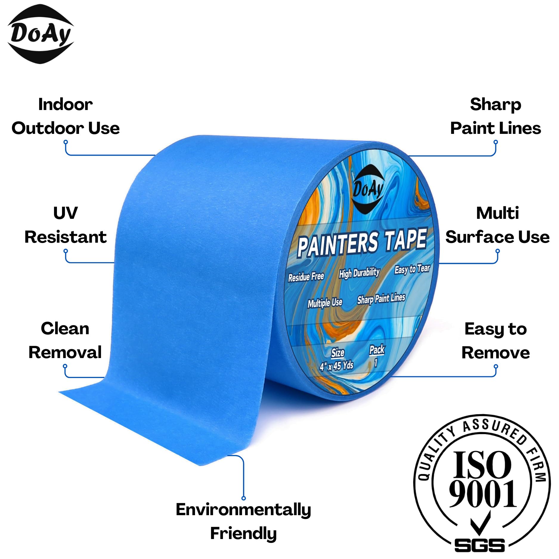 Blue Painters - Cinta adhesiva para pintura y enmascarar (4 x 45 yardas), fácil y limpia, uso en múltiples superficies, calidad mundial ISO 9001, no deja residuos