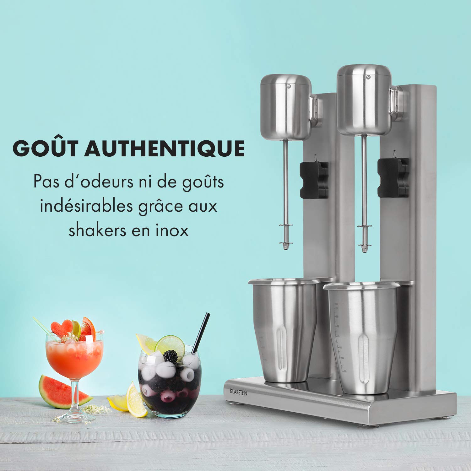 Klarstein Kraftpaket II Pro Double Mixeur a Boissons, 160 W, 2 x 1 L, 2 Vitesses, 20000 tr/min, 2 Gobelets en Acier Inoxydable, Milk-Shakes & Proteines, Cocktail, Bar, Gastro, Argent
