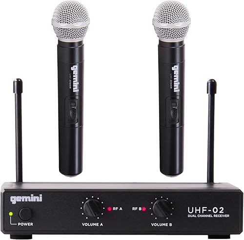Gemini Sound UHF-02M Equipo de DJ de audio profesional de canal único superior dual 2 micrófonos inalámbricos de mano con rango de funcionamiento de