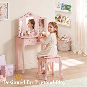 UTEX Pink Crown Princess Kids Vanity Set with Drawer for Little Girls