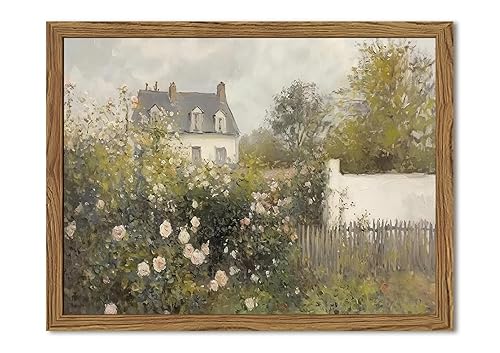 Framed Vintage Wall Art, Cottage Rose Garden Landscape Pictures Wall