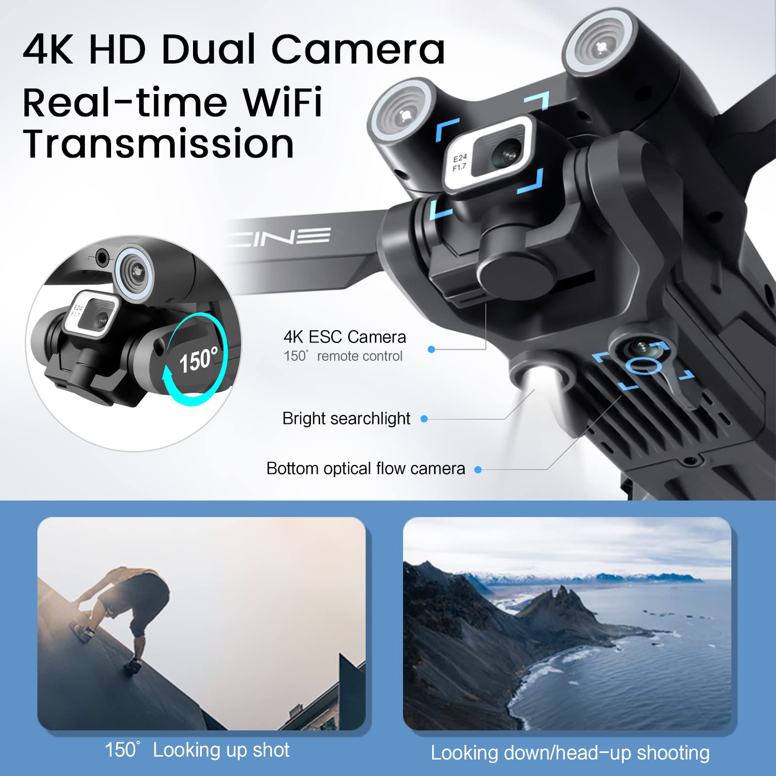 Drone con doppia fotocamera 4K HD per bambini e adulti - Droni quadricotteri RC con evitamento intelligente degli ostacoli, tenuta in altitudine, giocattoli regali per principianti (Nero)