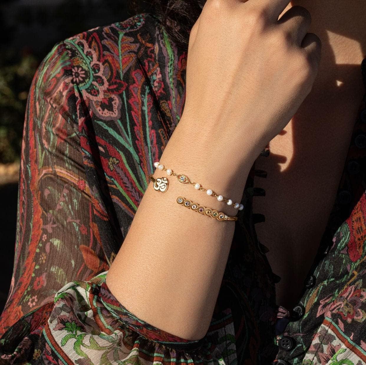 KARMA AND LUCK – Dreamlike Protection Pearl & Soothing Oasis Opal Emerald Evil Eye Charm Bracelet | 18K Gold-Plated Brass | Adjustable 6.5" - 8" | Handmade in India