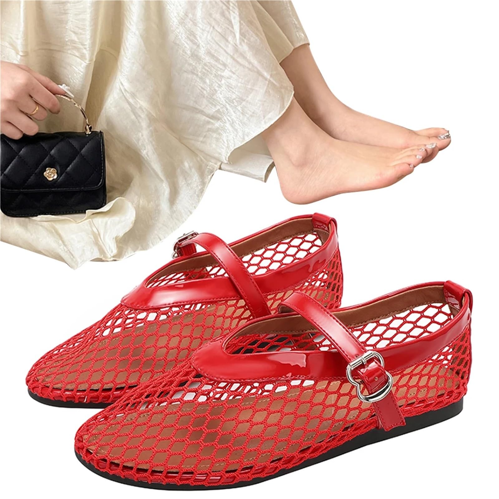 Mesh-Ballerinas mit verstellbarem Schnallenriemen, Flache Fischnetz-Sandalen, atmungsaktiv, for Damen, lässig, Büro Für Damen