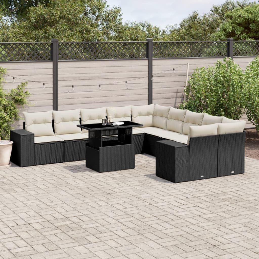 Set di mobili da giardino da 11 pezzi, con gruppo lounge e tavolo da pranzo, in polyrattan, colore nero, resistente alle intemperie, facile da pulire, per terrazza, balcone, esterno