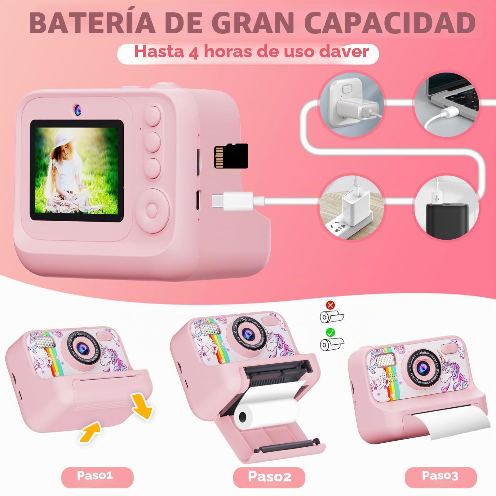 Cámara Fotos Infantil Instantánea, Cámara Niños Full HD 1080P con Pantalla de 2,4 Pulgadas, Tarjeta de 32 GB y 3 Rollos de Papel de Impresión, para Niños y Niñas de 3 a 12 Años (Rosa)