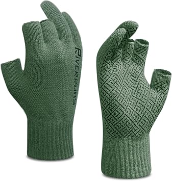 Riverruns Wool Fishing Gloves - Winter Fingerless Knitted Gloves for Men and Women 3-Cut Fingers Warm Gloves for Cold Weather, Fly Fishing, Ice Fishing, Kayaking