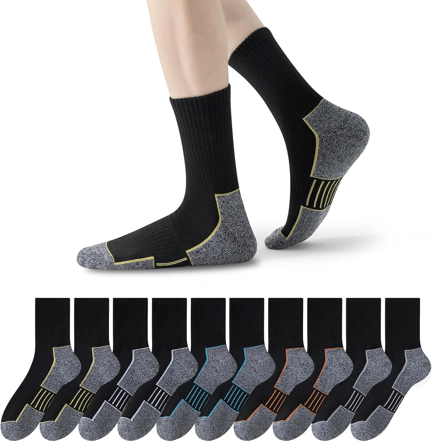10 pairs Work Boot Socks, Moisture Wicking Cushioned Crew Socks for Men, Reinforced Toe and Heel for Abrasion Resistance