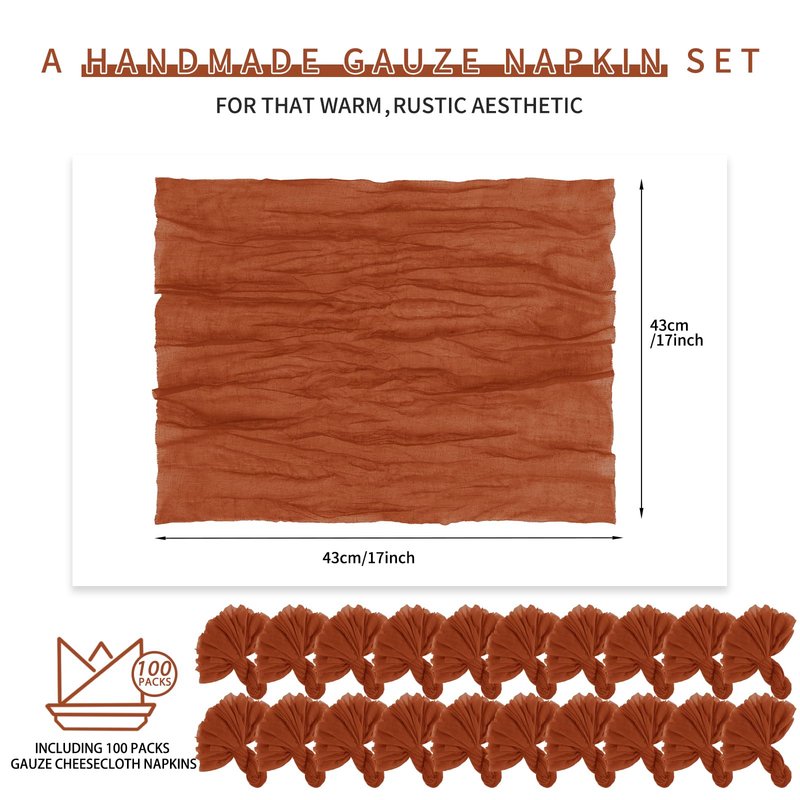 100 Serviettes en Tissu Terre Cuite pour dîner – Serviettes en Mousseline pour Mariage, froissées, lot pour fêtes Maison, déco Table Rustique, 43 x 43 cm